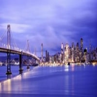 Most upaljen u Dusk, Bay Bridge, San Francisco Bay, San Francisco, Kalifornija, Sjedinjene Američke