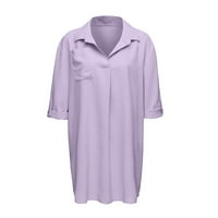 Ženski vrhovi modni čvrsti boja V-izrez džepove dugih rukava majica svijetla ljubičasta xl