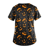 Qcmgmg Uniformne majice za žene sa dva džepa V izrez Pumpkin Ghost Bat Ispiši vrhove za žene kratki