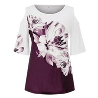 Ženski vrhovi hladnog ramena cvjetni print okrugli vrat bluza srednje rukave majica casual t majice