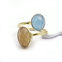Peach Moonstone i plavi prsten od chercedony, Checker Cut nakit, prsten od ovalnog oblika, prstenovi