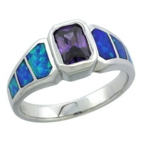 Sterling srebrni sintetički plavi opal smaragdni rez ametist prsten