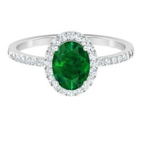 Ovalni oblikovan Stvoren smaragdni prsten za žene sa moissitnim halo, srebrnom srebrnom, SAD 11.00