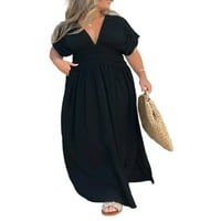 Paille dame Ljeto plaža Sundress kratki rukav duga haljina od pune boje Maxi haljine labavi odmor crni
