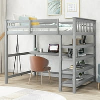 Potkrovlje u punom veličini Moderni drveni krevet s dugim stolom, 4-razine za skladištenje, siva