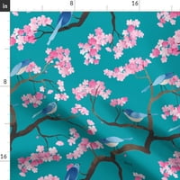 Pamuk Satens Stol Runner, 90 - Cherry cvjetovi ptice Aqua akvarel ptica cvjetna chintz chinoiseie plava