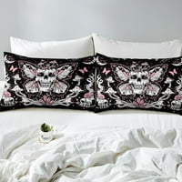 Gothic bated za lubanje za king size krevet leptir prekrivač za djevojke, trippy gljive posteljina set kralj crno bijeli ružičasti kombilter, horor smrtni kostur pokrov prozračan