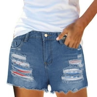 Jean Hortsovi za žene rastezljive lomljene sirove jeanske američke zastave Zastava Shorts casual ripped
