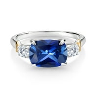 Gem Stone King 5. CT Blue Created Sapphire G-H Lab Grown Diamond srebrni i 10K žuti zlatni prsten