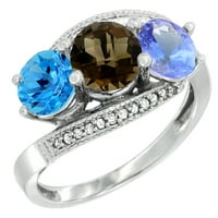 14k bijelo zlato prirodno švicarski plavi topaz, dimljiv Topaz & Tanzanite kameni prsten okrugli dijamantni