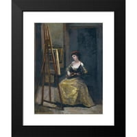 Jean-Baptiste-Camille Corot Crni moderni uokvireni muzej umjetnički print pod nazivom - Mlada žena svira