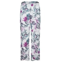 FSqjgq Vintage Print Pamučne posteljine harem hlače za žene Ljetni modni cvjetni džep široke noge pantalone