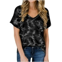 Leylayray bluza za žene modni ženski V-izrez casual tiskati džep s kratkim rukavima majica top crna