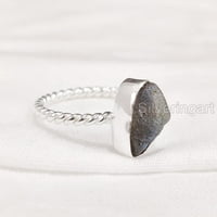 Prirodni labradoritetni prsten, grubi Labra draguljski prsten, rodni kamen, upleteni žičani trak, srebro,