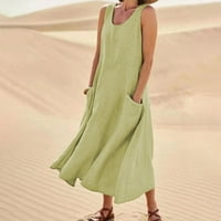 Zelena haljina Žene sa džepovima Pamučne lanene bez rukava Maxi dugačke košulje zelene m