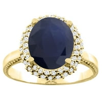 14k žuto zlato prirodno plavo safir dvostruko halo prsten ovalni 10x dijamant akcent, veličina 6.5