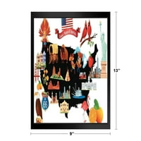 Karta crtanih filmova SAD-a sa simbolima Mapa sa gradovima detalja Mapa Posteri za zidnu kartu Art Zidni