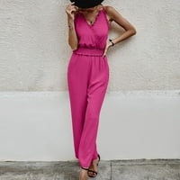 Atinetok Rompers za žene Elegantne rufffle trim elastične strukske remene dugim kombinezonima Kombinuisti Ljeto Dressy Casual Solid V-izrez Maxi Jumpsuits Hot Pink L