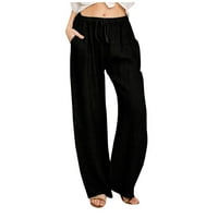 Žene široke noge pamučne posteljine hlače casual labavo solidna boja elastična struka Comfy pantalone