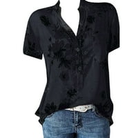 Žene ljetne vrhove bluza cvjetni kratki rukav povremeni ženski Henley majice crna l
