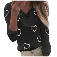 Grafičke teže za žene Modni ljubav tiskani V-izrez čipkasti patchwork majica s rukavima Bluza Black
