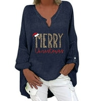 Božićni ženski dugi rukav V izrez nepravilni hem top majica casual linen blend majica Tee bluza yutnsbel