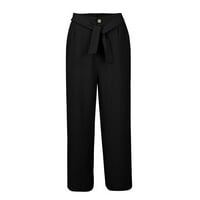 Ženske hlače od pune boje labave struk ravne pantalone čipke sa džepom pamučne konoplje konoplje crna