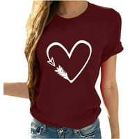 Ženska kratkih rukava za tiskanje srca T-majice casual crewneck vrhovi bluza vino xl