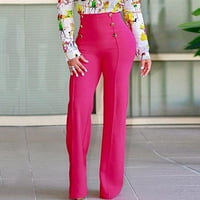Ženska poslovna casual gumba široke noge Dressy hlače ravne visoke pantalone sa džepovima vruće ružičaste XL