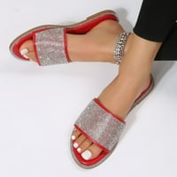 Aaimomet sandale za žene sjajne papuče okrugle prste ravne plaže Dijamantne žene sandale stilski dizajn Ženske cipele, crvena 7.5