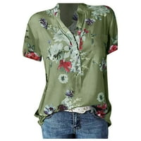 Ženske ljetne košulje kratki rukav cvjetni udobni pamučni posteljina labava Fit Henley Basic Bluze t majice zelena 4xl