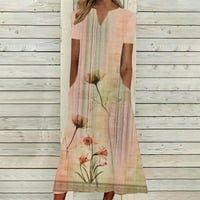 Ljetne smjene haljine za žene V izrez kratki rukav ljetni cvjetni print Vintage Line Swing Beach Loot
