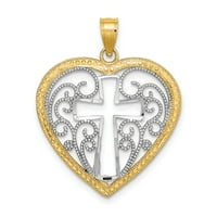 Čvrsta 14K žuta zlata dva tonirana izrezana i perla filigranski privjesak za srce križa šarm