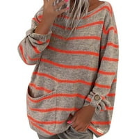 Kontrast solidne boje pruge u pulover okruglog vrata za žene za žene