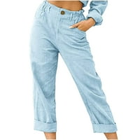 Ženske pamučne platnene hlače Ležerne prilike Comfy gumb Elastična pantalona na plažu na plaži Labavi