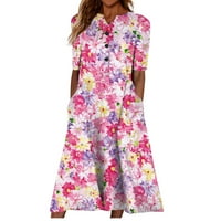 Ljetne haljine za žene modni zarezni vrat kratki rukav cvjetni a-linijski haljini duljina koljena labava