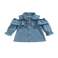 Canrulo Toddler Baby Girl Denim majica Ruffle Dugi rukav Jeans haljina spušta Ležerne prilike Tuntic Tops Plave 4 godine