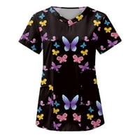 HHEI_K Ženska modna leptira Print V-izrez kratkih rukava s kratkim rukavima s džepovima vrhovi bluze
