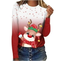 Odieerbi božićne majice za žene dugih rukava 3D tiskani jeleni ležerni pulover sa okruglim vratom crveno