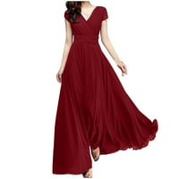 Flowy Haljine za žene V-izrez Solid Boja kratkih rukava šifon struk zatvaranje vjenčanog gost haljina crvena l