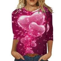 IOPQO T majice za žene Ženske uzorke Valentinovo tiskali su tri četvrtine rukava za okrugli vrat Top