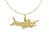 Carat u Karatsu 10k žuto zlato Teksturirano 2-D Marlin Privjesak za ribu Šarm sa 14k žutom zlatnom laganom konopskom ogrlicu 20 ''