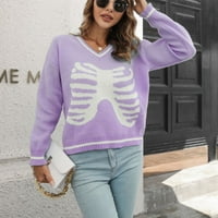 Dukseri pulover za žene skelet Print V džemper vintage džemper s dugim rukavima vrhovi dugih rukava