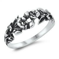 Ornati prsten za oksidirani cvjetni list. Sterling Silver Band nakit ženski muški unise veličine 7