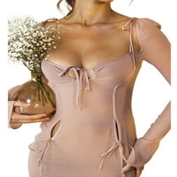 Chollius ženske dugih rukava Bodycon haljine od pune boje kvadratni izrez špagete kaiš šuplje slim jedna