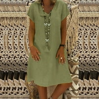 Giligiliso Žene Labavi V-izrez Ljeto Čvrsto kratkih rukava pamučna i posteljina haljina