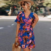Ženske ljetne casual afričke haljine Wrap V izrez kravata Dye Print Ruffle s kratkim rukavima Mini cvjetna