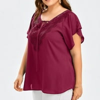 Odeerbi Plus Veličina čipke za žene modni casual čvrsti ispis V-izrez majica s kratkim rukavima ljetna bluza crvena
