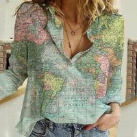 DTIDTPE majice s dugim rukavima za žene, majica s gumbom za rever Svjetske karte Ispiši labave casual