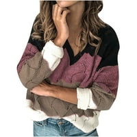 Woemns Duks dugih rukava Cauel Fashion V izrez Boja blok pletenja pulover vrhovi labavi fit mekani ugodan